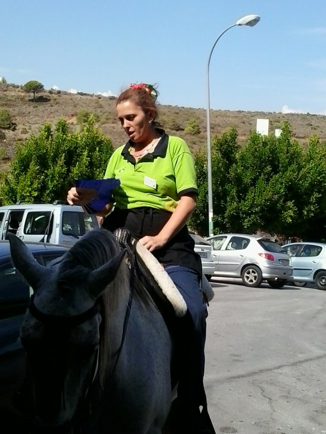 A woman on a horse with a fan (the woman,not the horse)