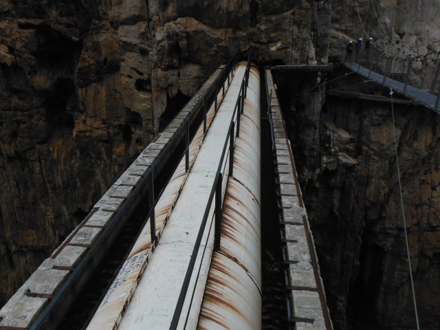 Here is the pipe that now carries the water. It crosses between two cliff faces here.